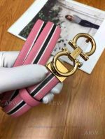 AAA Ferragamo Adjustable Belt For Women - Pink And Black Leather Gold Gancini Buckle 